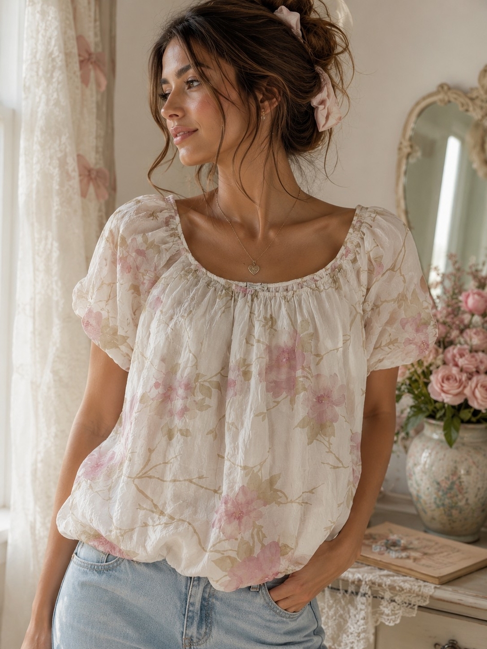Viola Borghi Ivory Pink Floral Silk Bubble Hem Peasant Blouse M Cottage Romantic